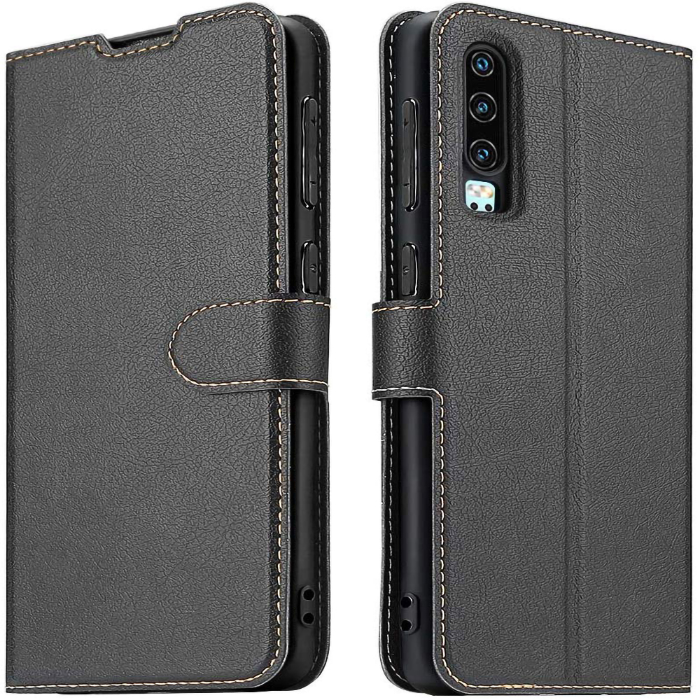 ELESNOW Case Compatible with Huawei P30, High-grade Leather Flip Wallet Phone Case Cover for Huawei P30 (Black)